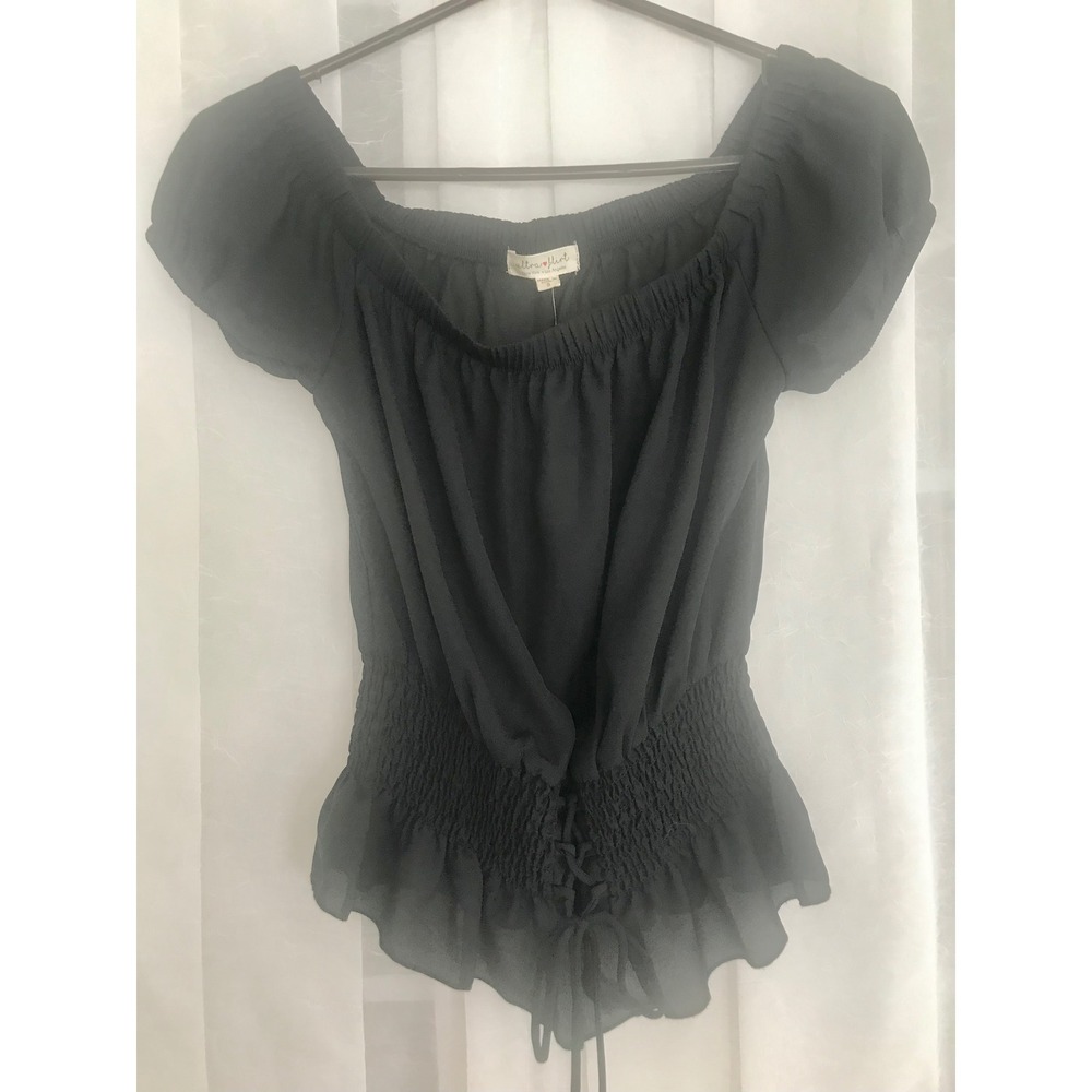 Ultra Flirt Absolutely Brit Black Chiffon Smocked Lace Up Peplum‎ Top Small NEW